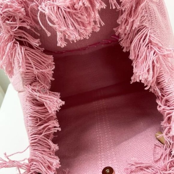 Fringe Trim canvas  Letter Embroidered Crochet Bag pink - Picture 4 of 4